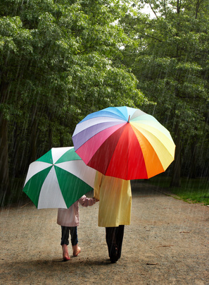 Walking in Rain with Umbrellas